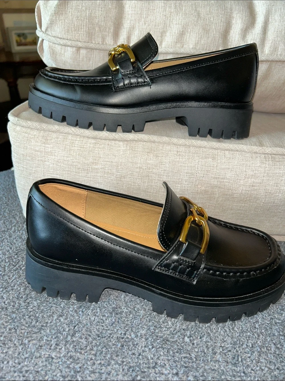 Nine West Black Loafers with Gold Chain Accent